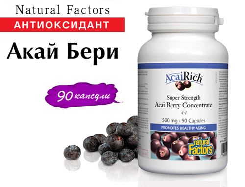 Акай Бери Концентрат 500 мг 90 капсули на топ цена от Natural Factors съдържа супер силен концентрат, осигуряващ пълен спектър от полифеноли